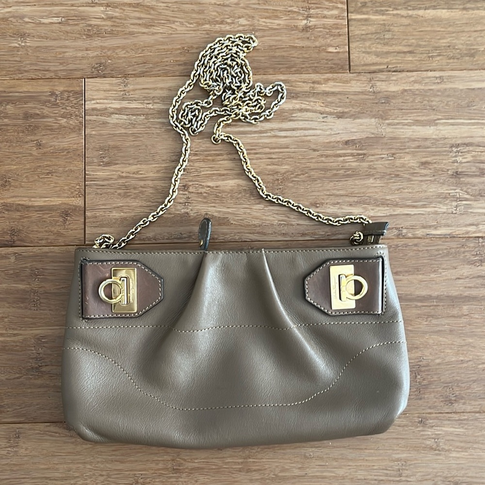 Salvatore Ferragamo brown leather & gold chain clutch shoulder bag. Authentic.
